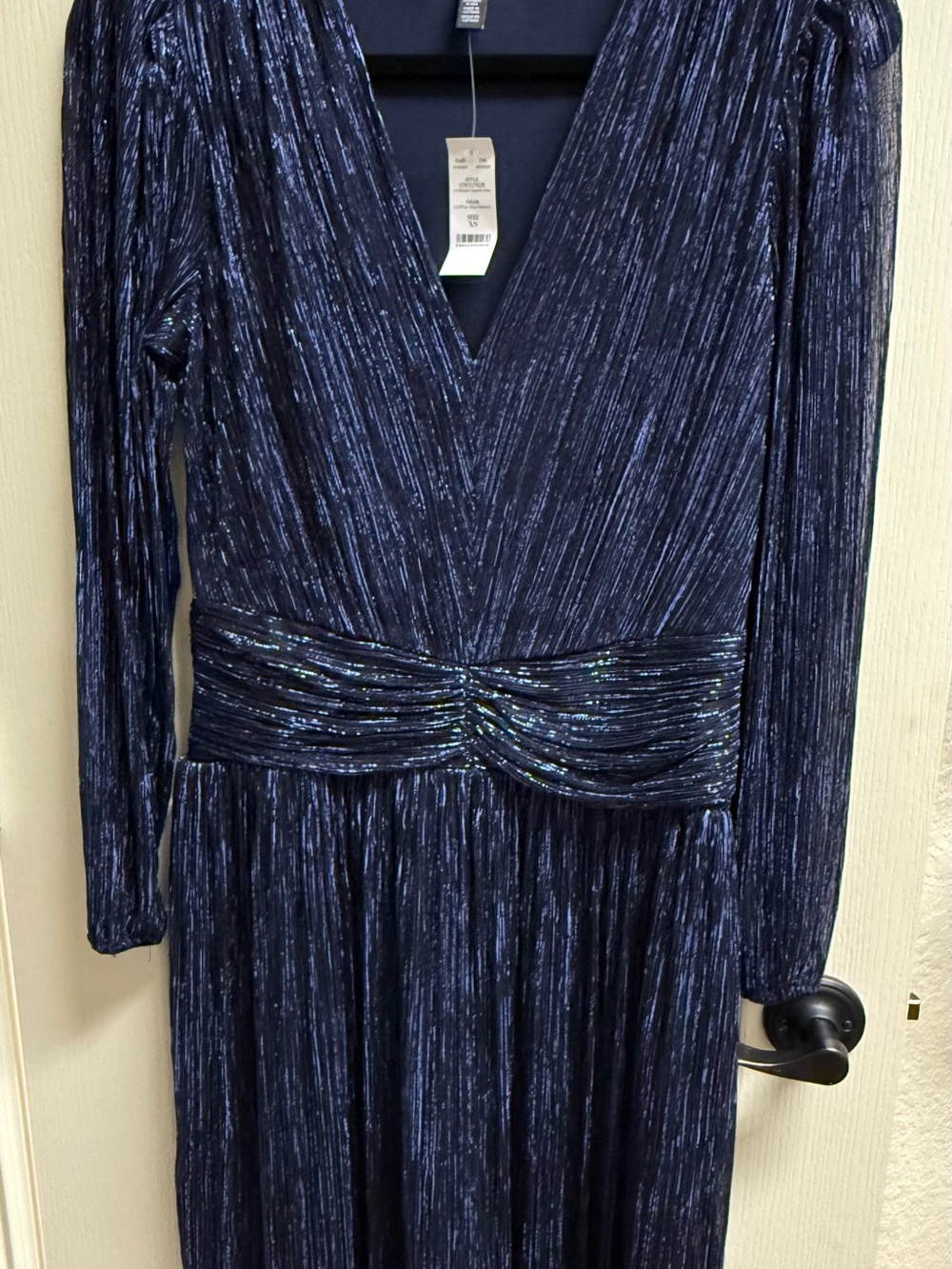 White House Black Market Navy Metallic Long Sleeve V-Neck Dress